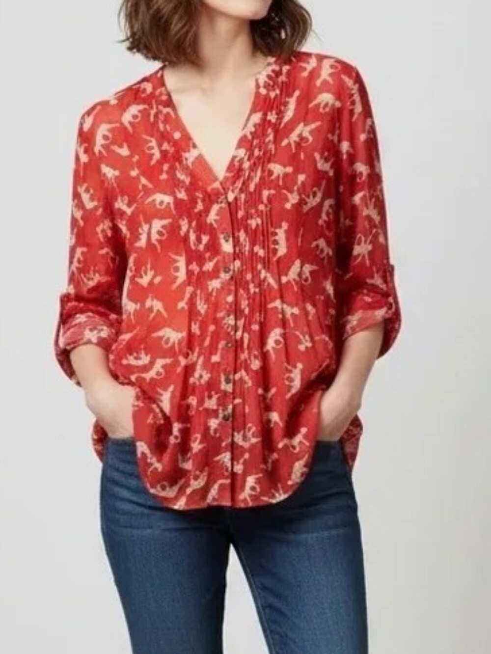 Maeve Anthropologie red cotton blouse exotic white cheetah animal print